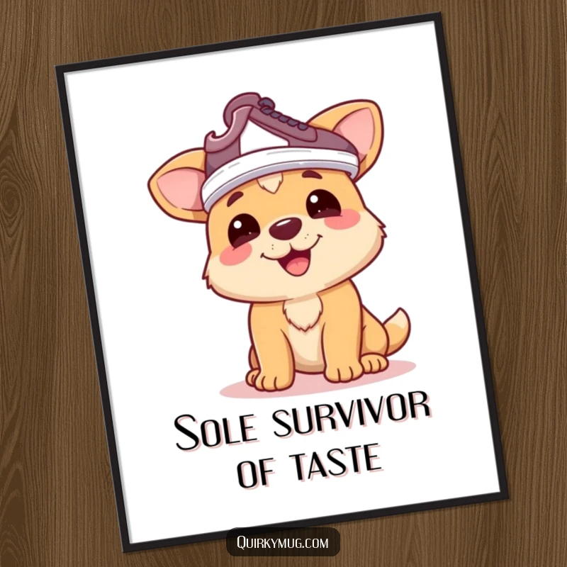 Funny dog poster: Happy dog character humorously wearing a shoe on its head as a hat, a charming funny gift.