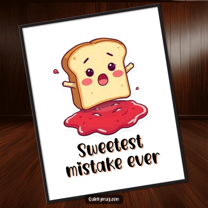 Funny poster of a surprised bread slice character comically falling headfirst into a big puddle of jam, celebrating breakfast fun.