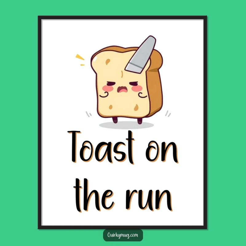 Funny Toast Escape Poster - Whimsical Flustered Character Fleeing Butter Knife, Wall Art