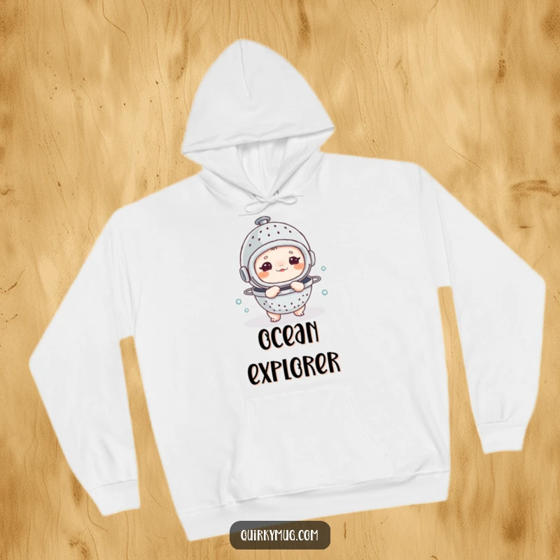 Funny hoodie featuring a small creature humorously equipped with a colander as a makeshift diving helmet, ready for imaginary expeditions.