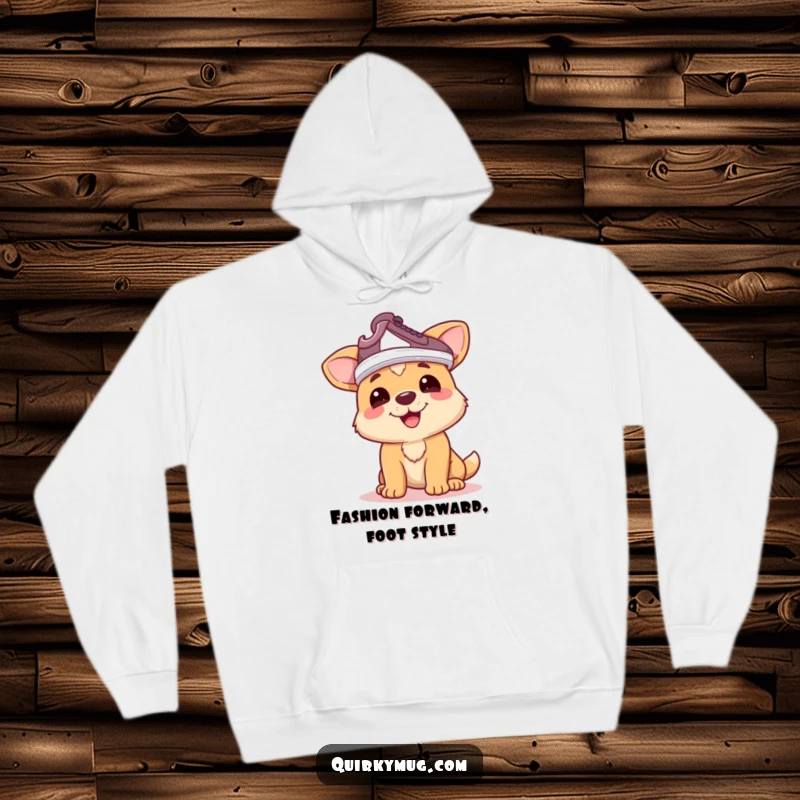 Funny dog hoodie: Happy dog character trying to wear a shoe on its head like a hat, a funny gift.