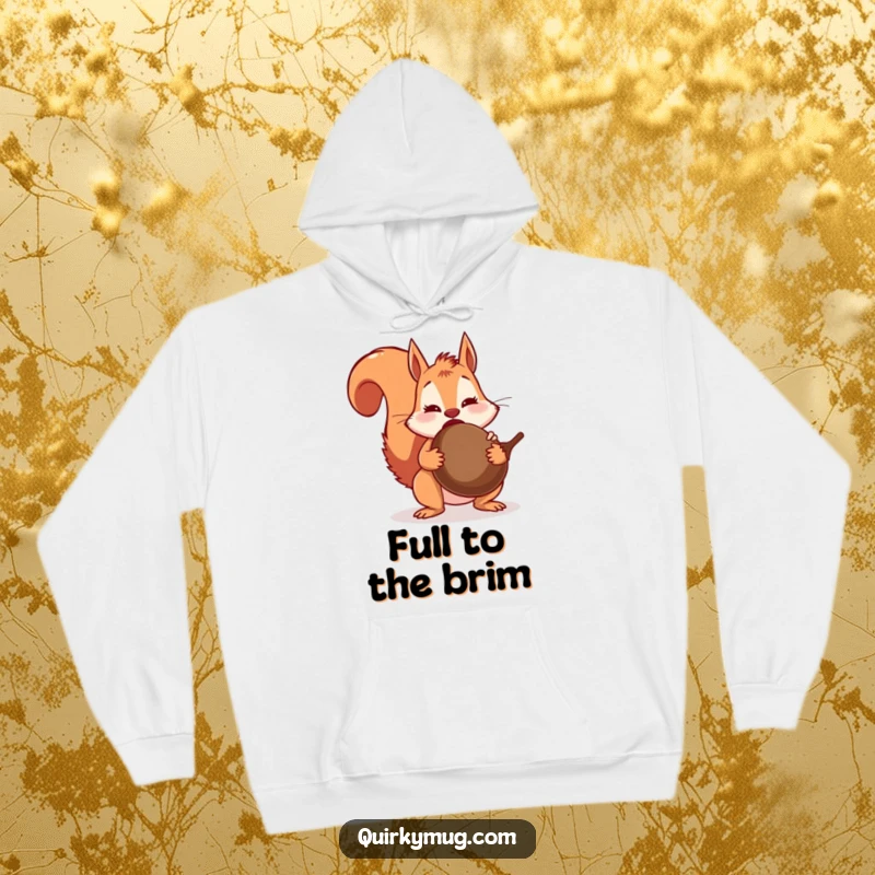 Funny squirrel character in a cozy hoodie, looking surprised with a giant acorn lodged in its throat, embodying overindulgence.