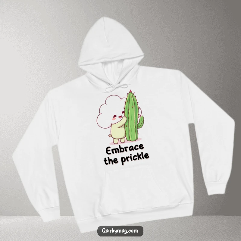 Funny happy cloud character attempting a hug on a very pointy cactus, a cozy and humorous hoodie design.
