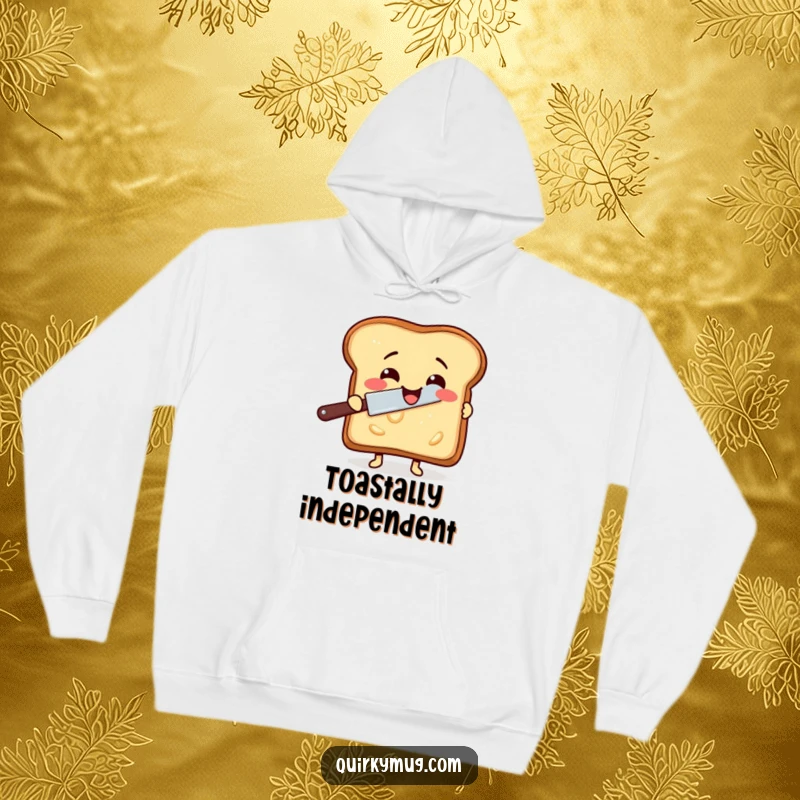 Funny hoodie depicting a delighted slice of toast trying to butter itself with a rogue butter knife.