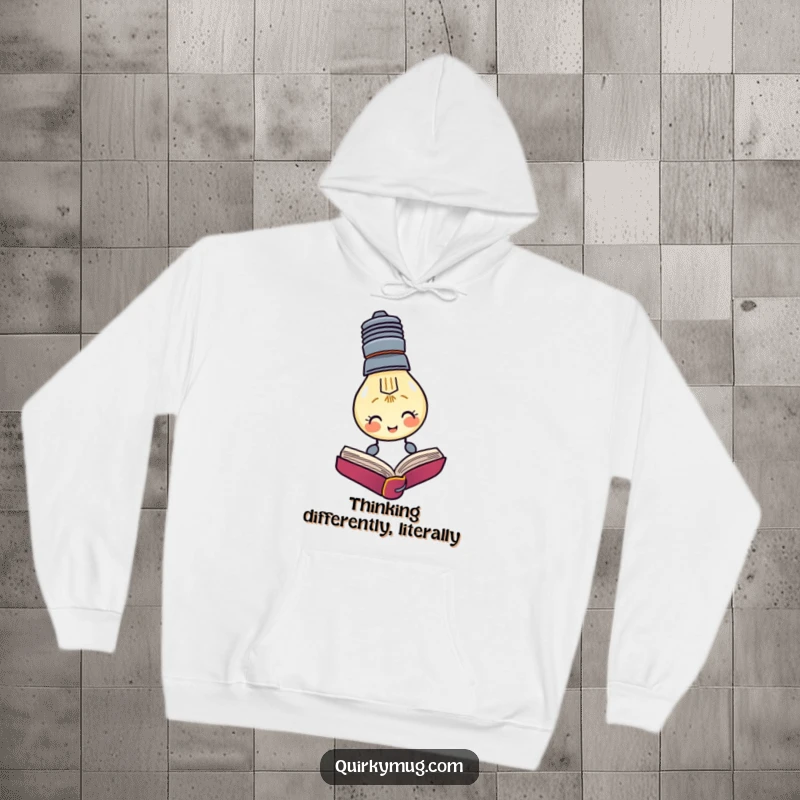 Funny hoodie showing a lightbulb character trying to read a book upside down, perfect for students.