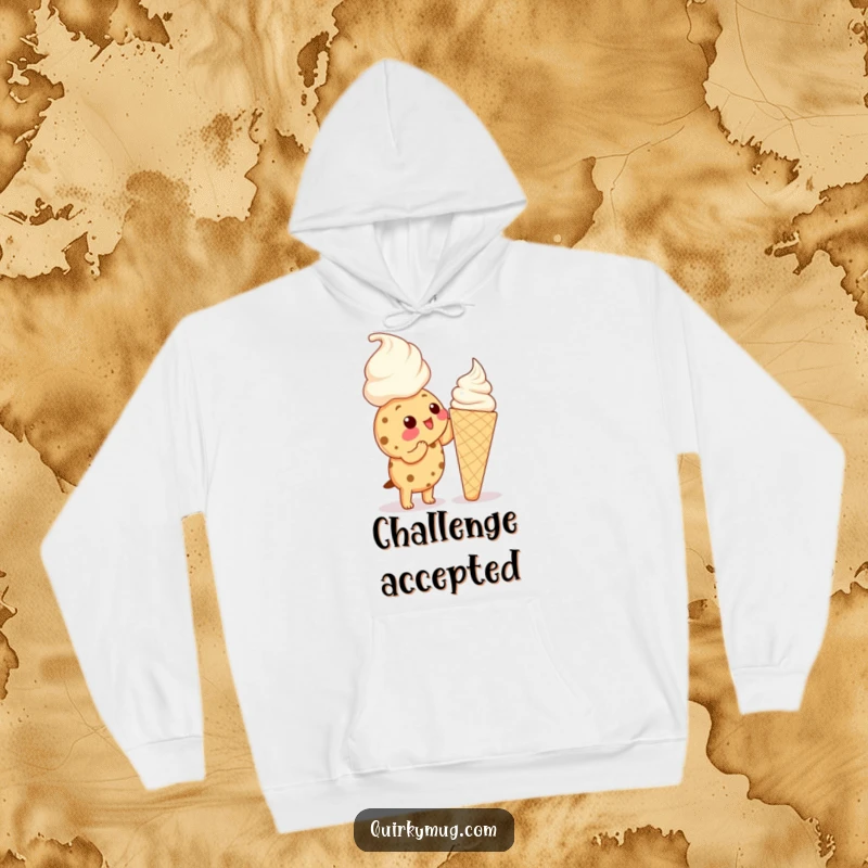 Funny Kawaii cookie character reaching up to lick a huge ice cream cone on a hoodie, looking determined.