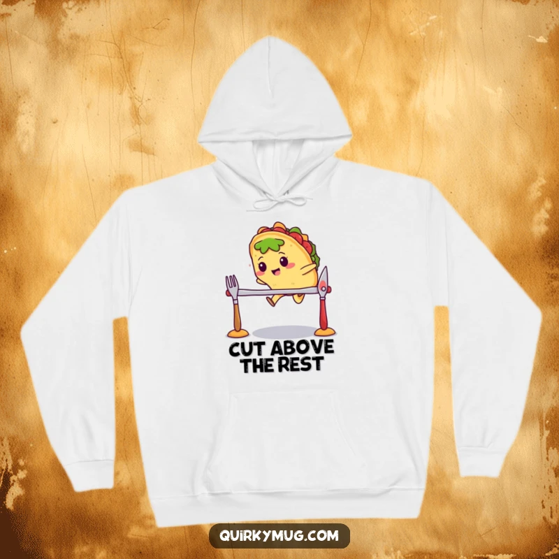 Funny Kawaii taco character mid-air, jumping over a hurdle made of cutlery on a hoodie, looking athletic.