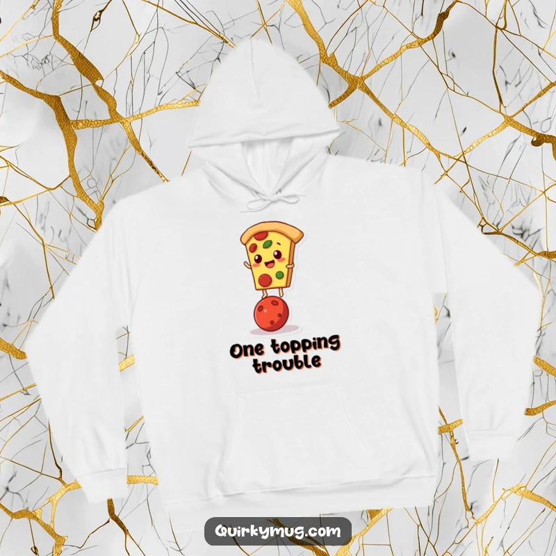 Funny hoodie featuring a pizza slice character performing a daring balance on a pepperoni.