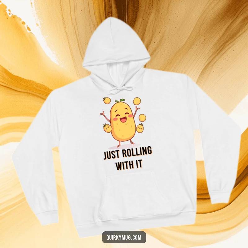 Funny hoodie featuring a clumsy potato character gleefully trying to juggle three tiny potatoes, showcasing pure, unadulterated, comical effort.