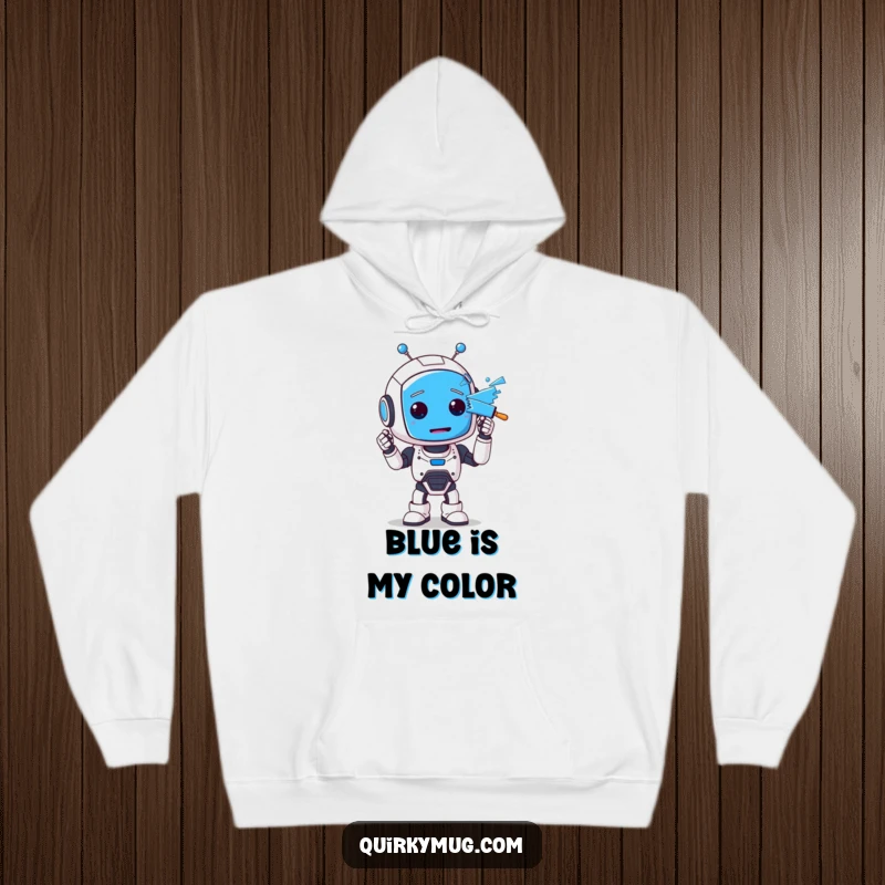 Funny hoodie depicting a cute, clumsy robot with wide, surprised eyes, entirely covered in vibrant blue paint, a classic artistic oopsie.