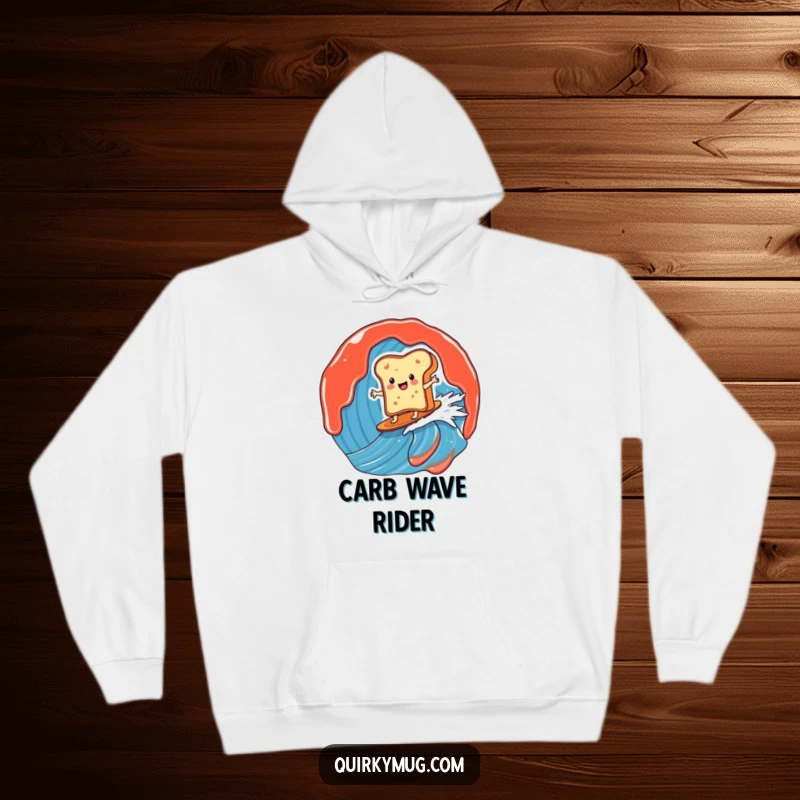 Funny hoodie with a happy toast character surfing a colossal jam wave, radiating surfer vibes and breakfast joy, a truly comical sight.