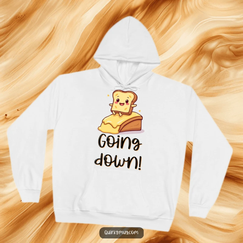 Funny Kawaii toast character sliding with glee down a buttered ramp on a warm and cozy hoodie.