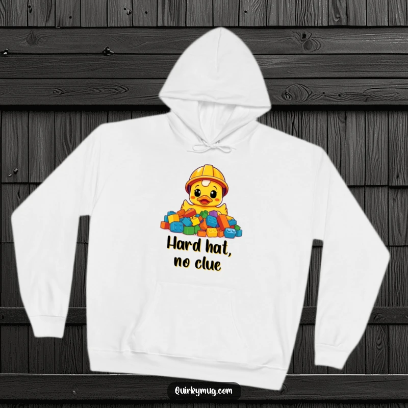 Funny surprised rubber ducky in construction helmet, confused by LEGOs, a cozy and humorous hoodie.