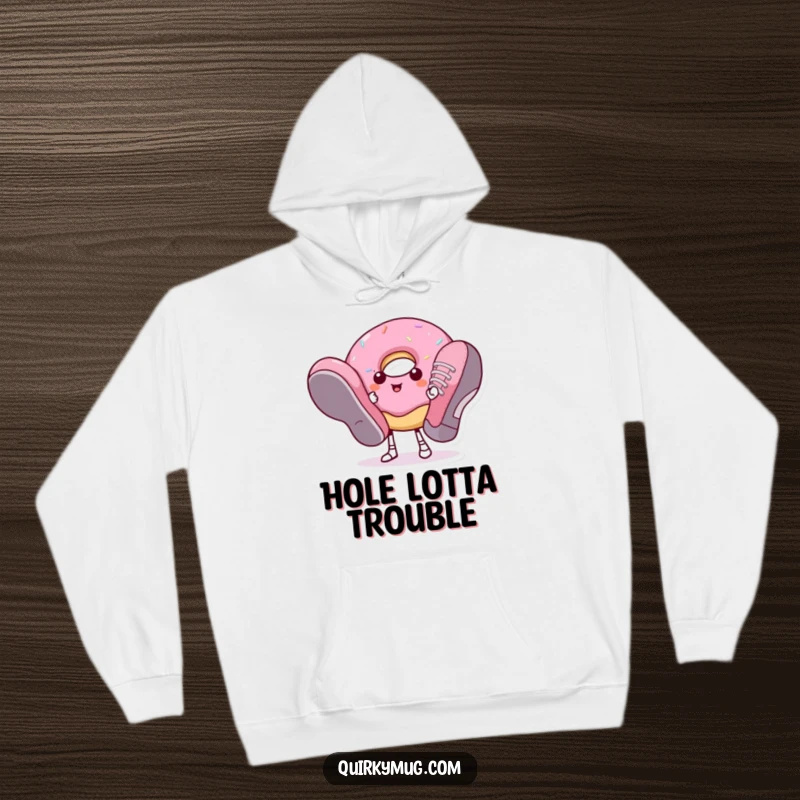 Funny donut character attempting to walk in oversized shoes, printed on a comfortable hoodie.