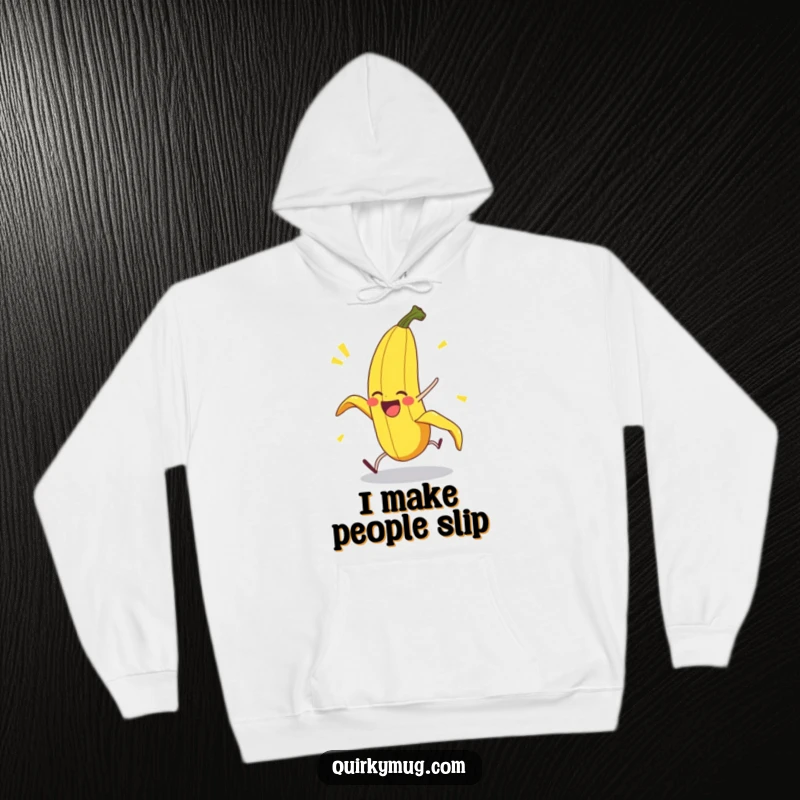 Funny Banana Peel Hoodie: A delighted banana peel character performs an exaggerated pratfall, offering warmth and humorous slapstick fun.