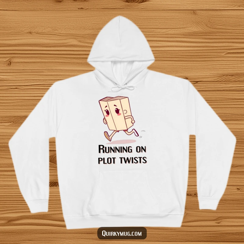 Funny hoodie featuring a book character attempting to run a race, combining literary themes with cozy warmth.