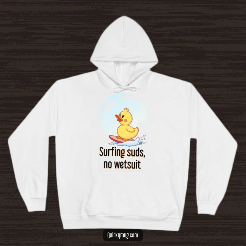 Funny rubber duck comically surfing a massive soap bubble, creating a humorous and cozy scene for a warm hoodie.