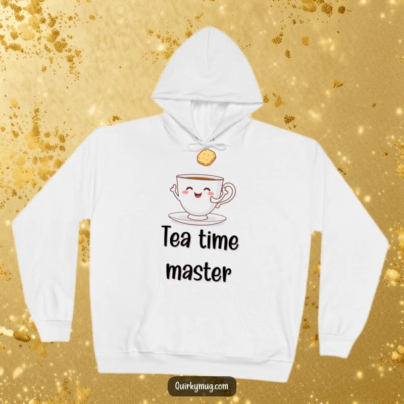 Funny cheerful teacup with arms playfully trying to serve a floating biscuit to itself, cozy hoodie.