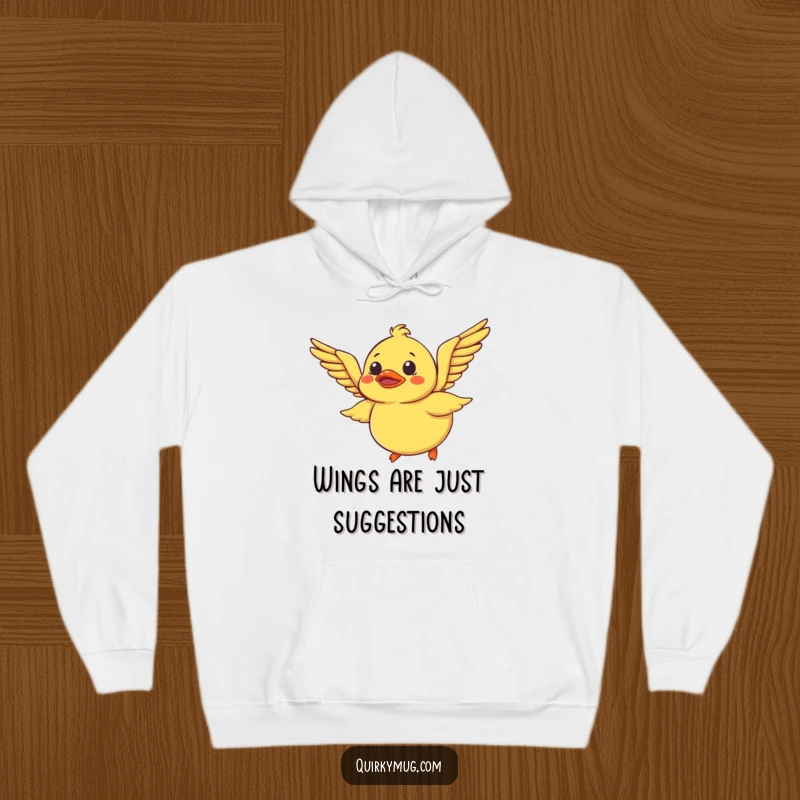 Funny Rubber Duck Hoodie: A bewildered rubber duck tries to fly using its wings, a warm and hilarious hoodie for cozy moments.
