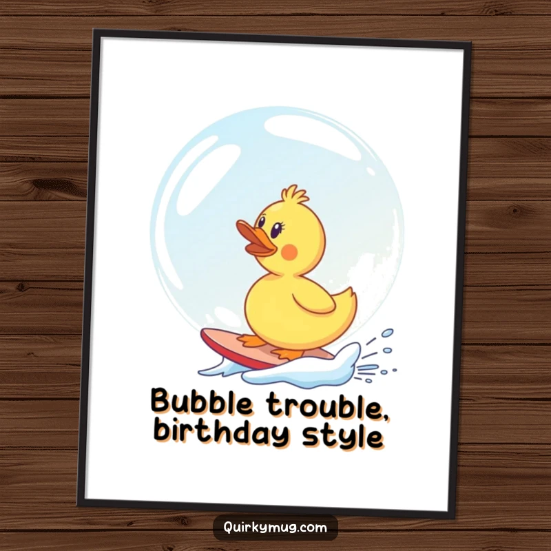 Funny Free Printable Wall Art: Rubber duck comically surfing a giant soap bubble, adding whimsical decor.