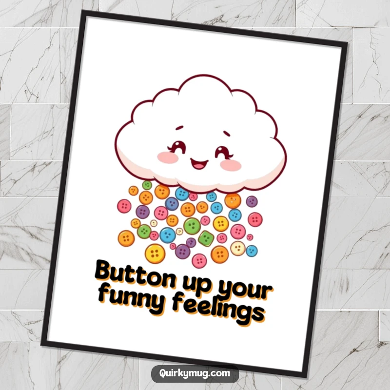 Funny Free Printable Wall Art: A mischievous cloud playfully raining a cascade of colorful buttons, adding whimsy.