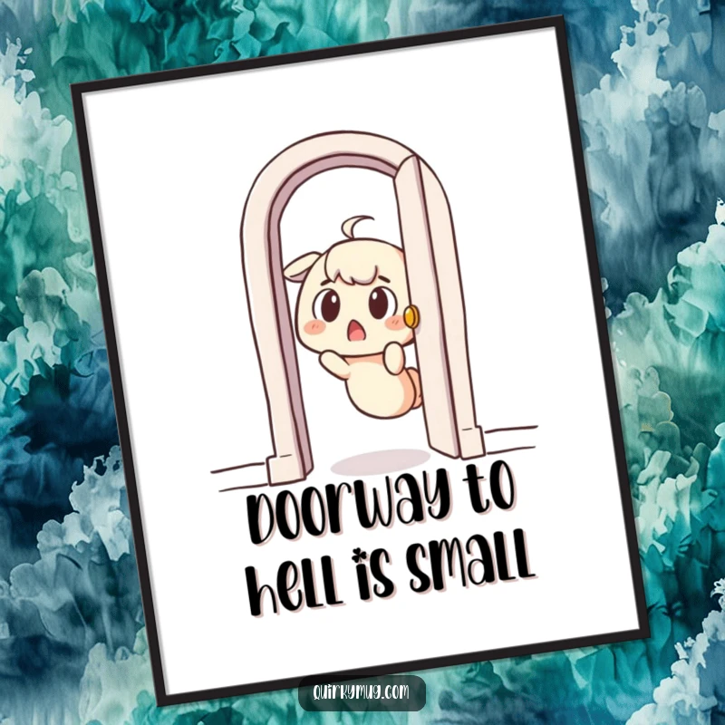 Funny Free Printable Wall Art: A surprised character is comically stuck, unable to fit through a comically tiny doorway.