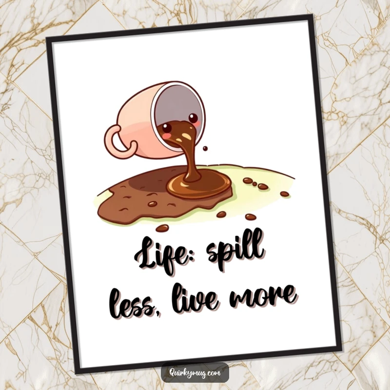 Funny Free Printable Wall Art: Kawaii coffee cup spilling a minuscule amount of coffee onto a vast landscape, downloadable art.