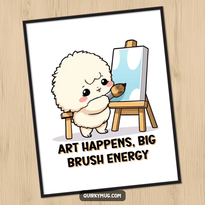 Funny Free Printable Wall Art: A small fluffy creature enthusiastically tries to paint a tiny canvas with a comically giant brush.