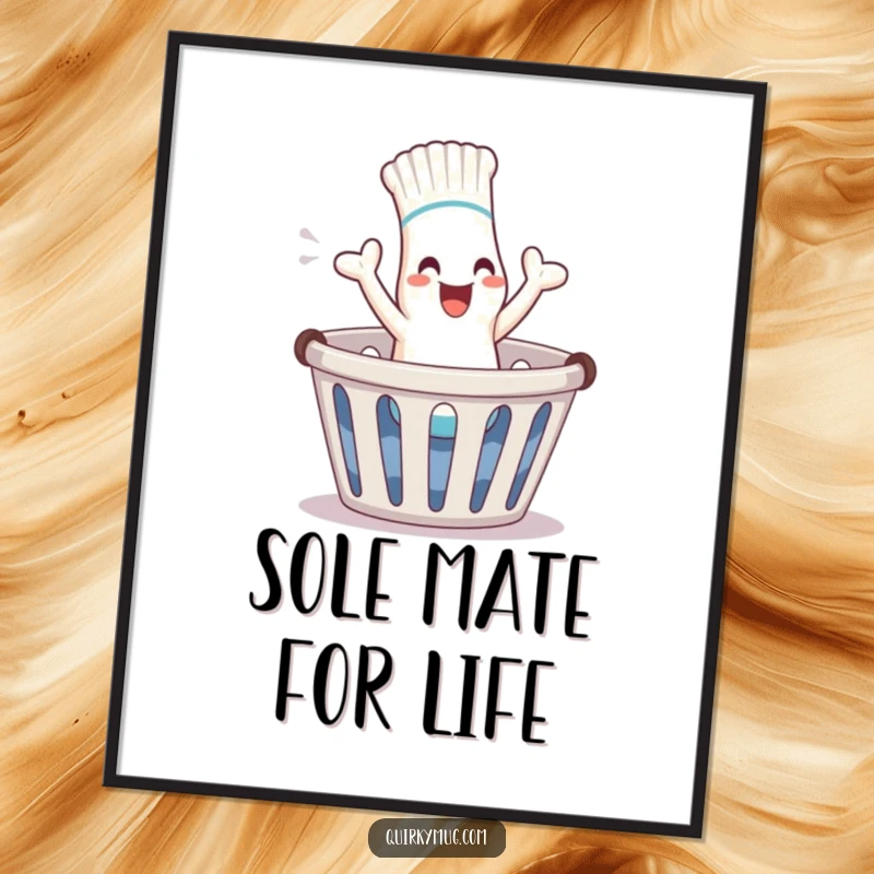 Free Printable Wall Art: A funny, giggling sock character joyfully hopping energetically out of a laundry basket, ready for fun.