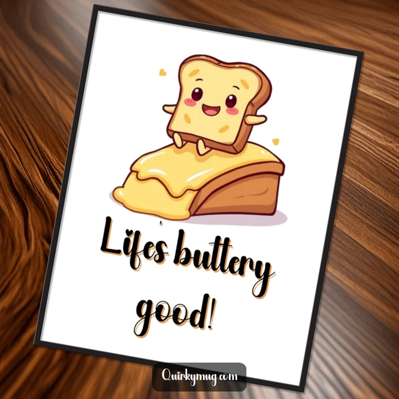 Funny Free Printable Wall Art: Kawaii slice of toast gleefully sliding down a buttered ramp, radiating pure joy.