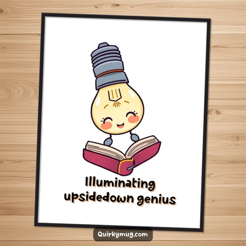 Funny Free Printable Wall Art: Lightbulb character attempting to read a book while inverted, capturing intellectual humor.