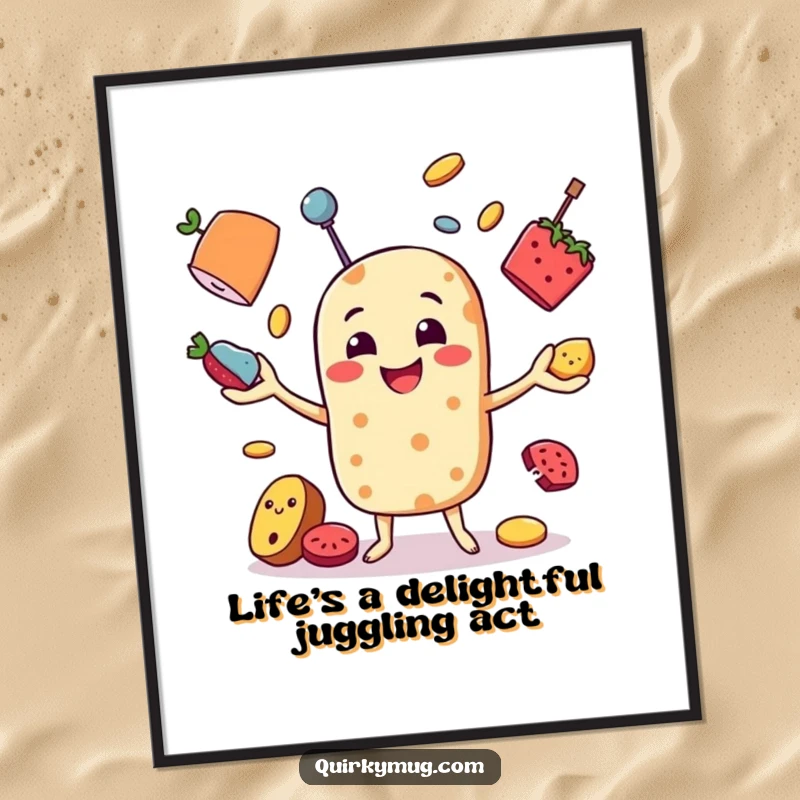 Funny Free Printable Wall Art: Smiling food character in mid-juggle with chaotic, tumbling objects, adding humor.