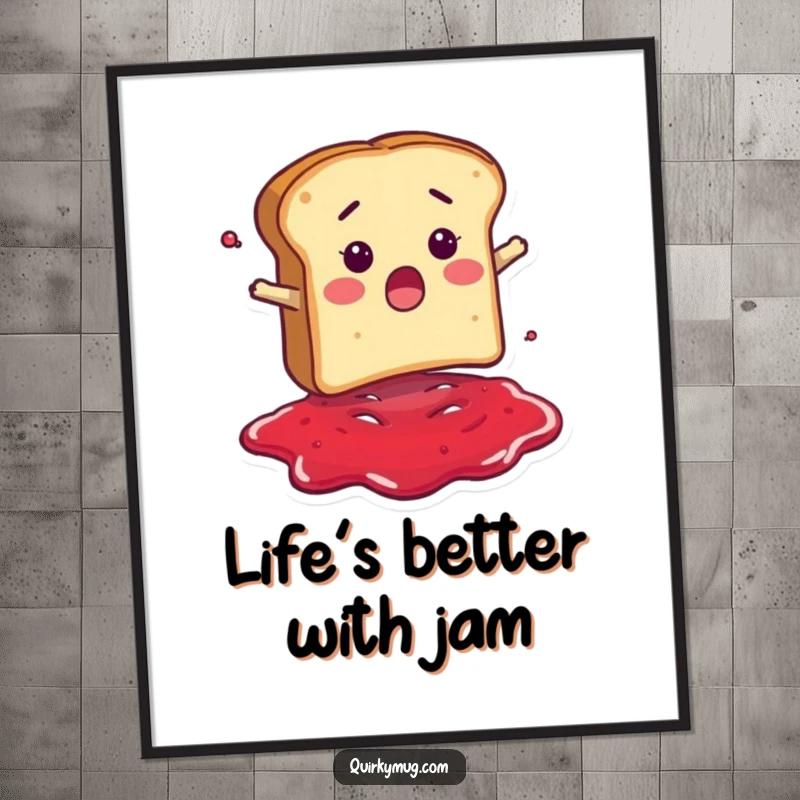 Funny Free Printable Wall Art: Surprised bread slice character falling headfirst into a large, messy puddle of jam.