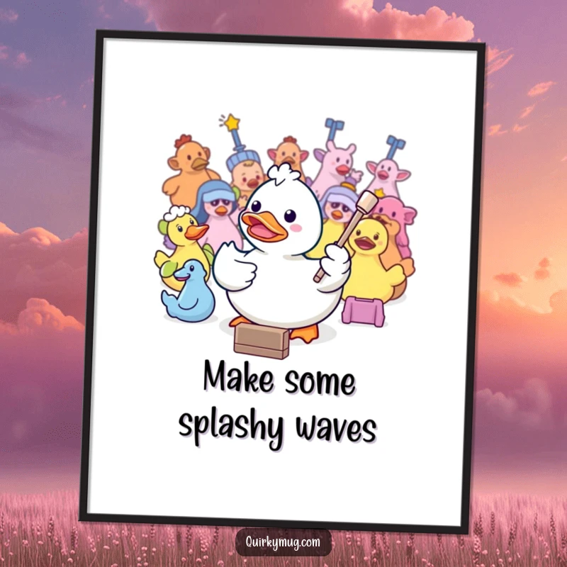 Funny Free Printable Wall Art: Kawaii rubber duck leading an orchestra of bath toys with intense concentration and a tiny baton.