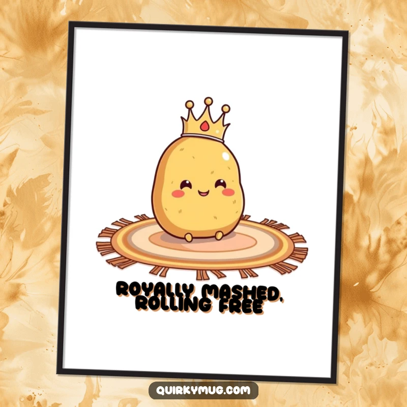 Funny Free Printable Wall Art: Potato character wearing a crown, sliding joyfully on a rug, embodying whimsical fun.