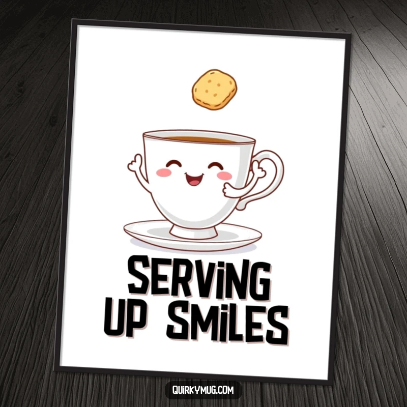 Funny Free Printable Wall Art: A cheerful teacup with arms attempting to serve itself a floating biscuit, whimsical decor.