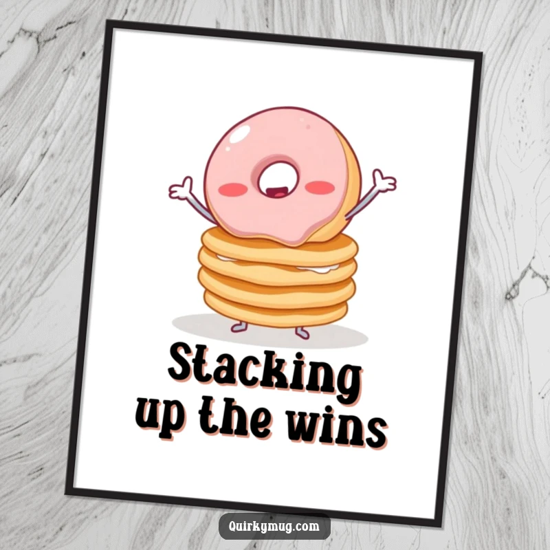 Funny Free Printable Wall Art: A wobbly jelly donut with tiny arms comically trying to balance a stack of pancakes.