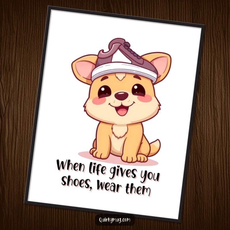 Funny Free Printable Wall Art: Happy dog wearing a shoe on its head as a hat, a whimsical piece.