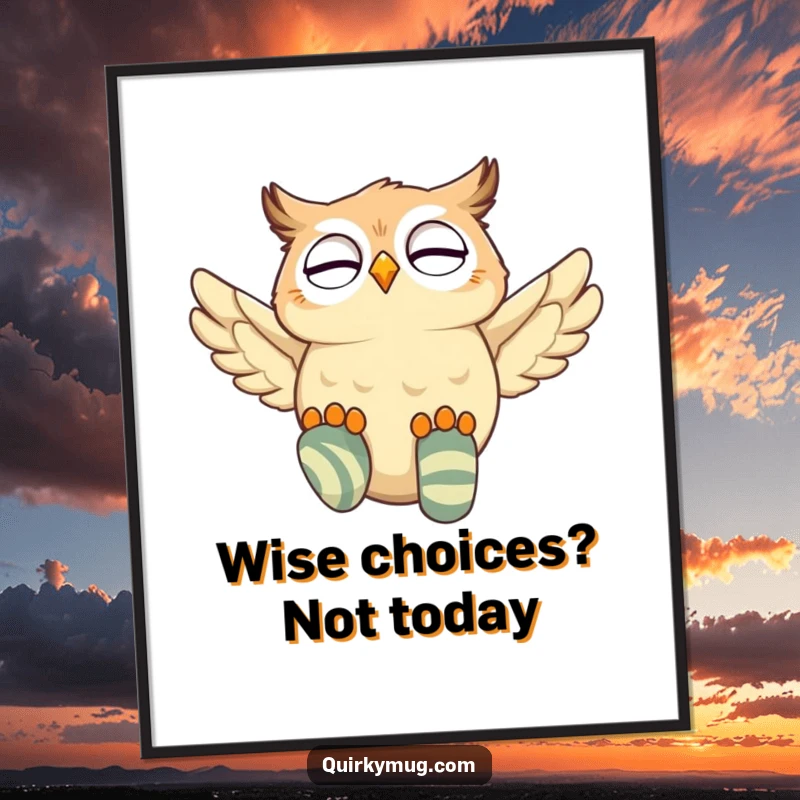 Funny Free Printable Wall Art: A giggling owl humorously tries to fly, sporting excessively large, mismatched socks.