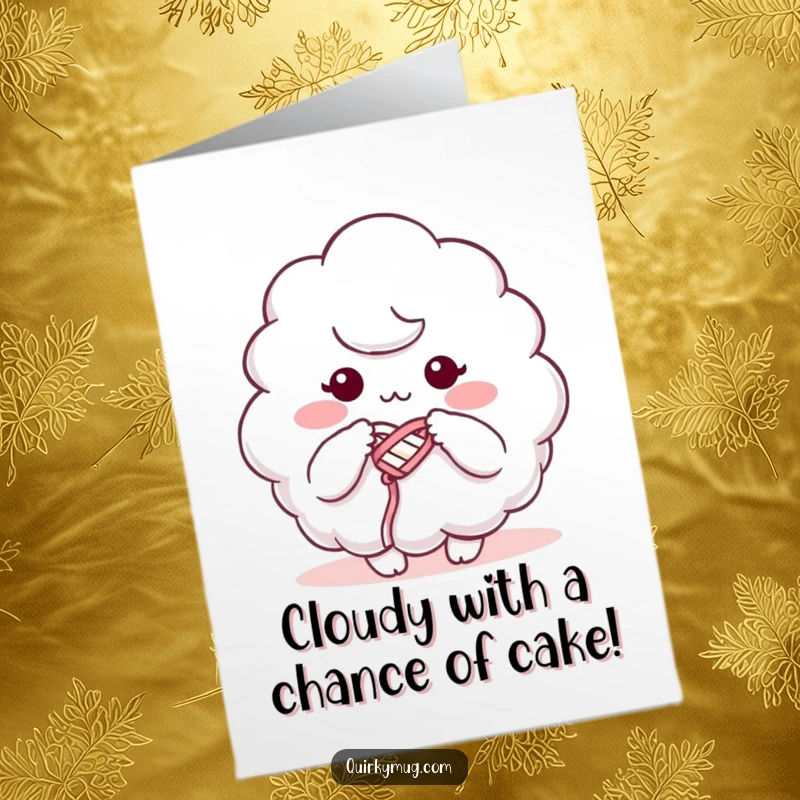 Funny Free Printable Birthday Card: Fluffy cloud character humorously attempts knitting with its own mist, a unique DIY gift.