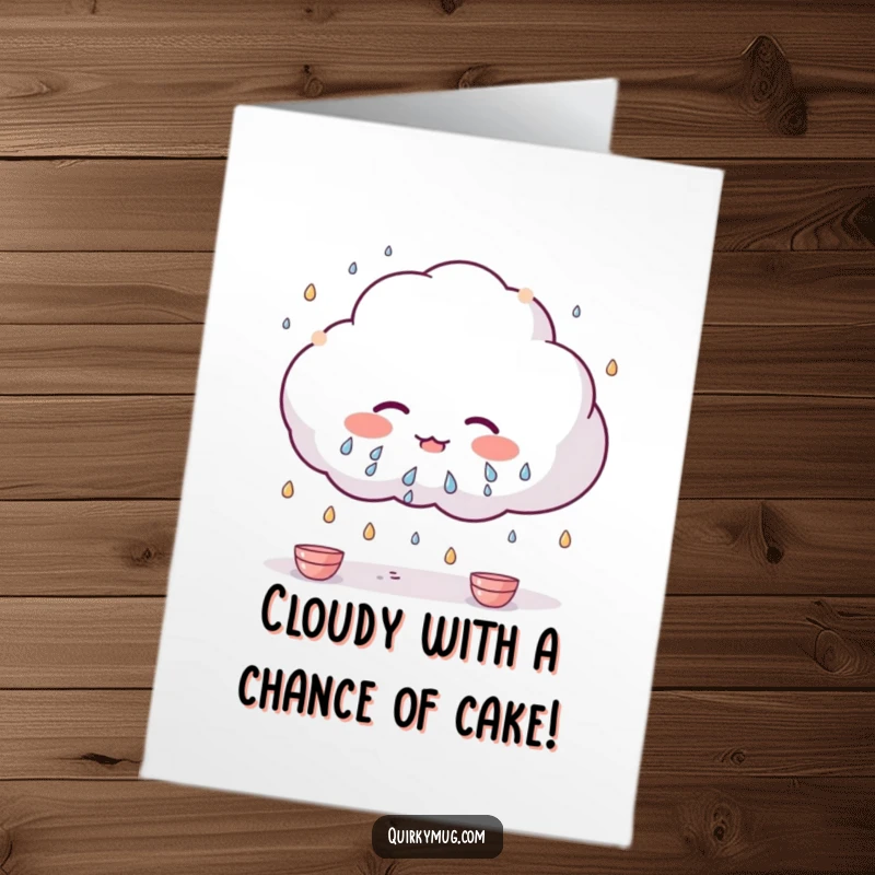 Funny Free Printable Birthday Card: Kawaii cloud character sweating heavily while raining tiny teacups, looking overwhelmed.