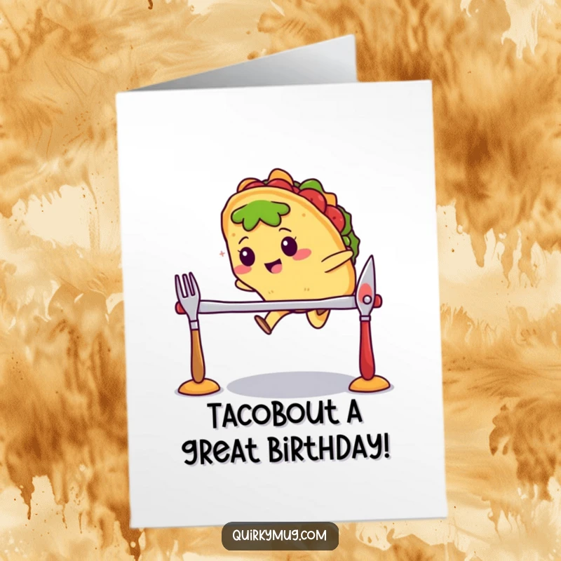 Funny Free Printable Birthday Card with a Kawaii taco attempting to jump over a cutlery hurdle, a festive downloadable gift.