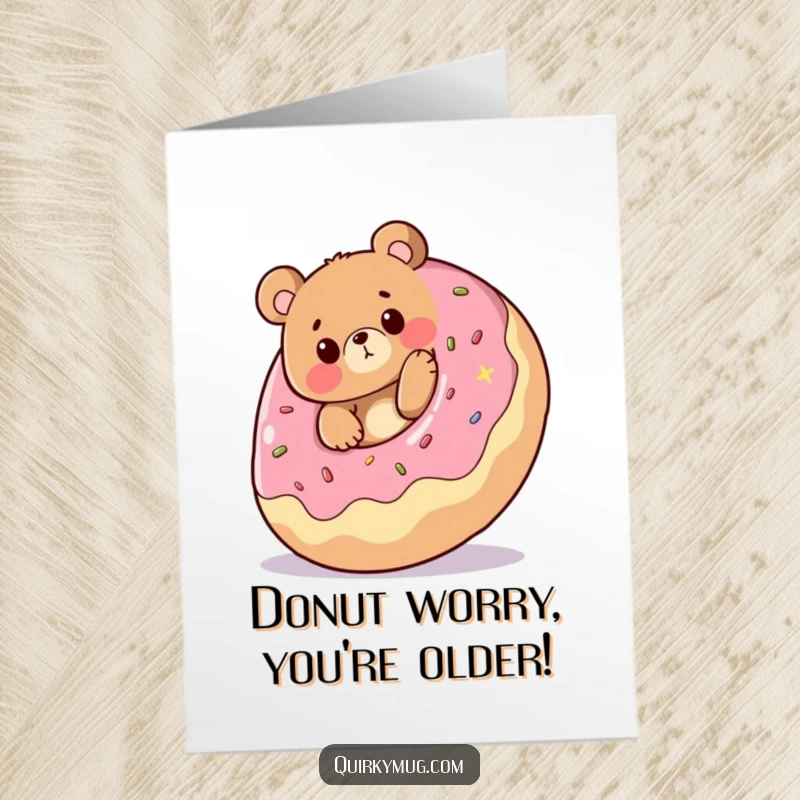 Funny Free Printable Birthday Card: Bear comically tripping over a giant rolling donut, looking utterly surprised.
