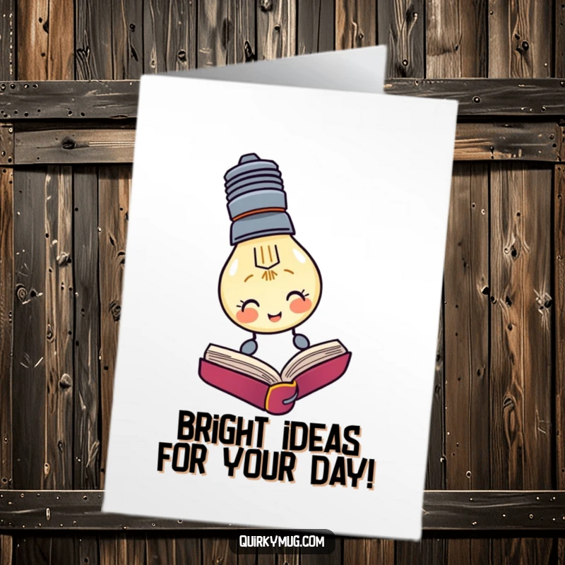 Funny Free Printable Birthday Card: Lightbulb character struggling to read a book upside down, celebrating amusing confusion.