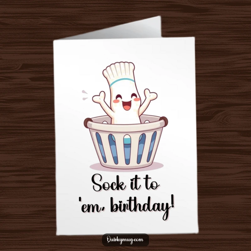 Funny Free Printable Birthday Card: Giggling sock character enthusiastically jumping from a laundry basket, ready to party.