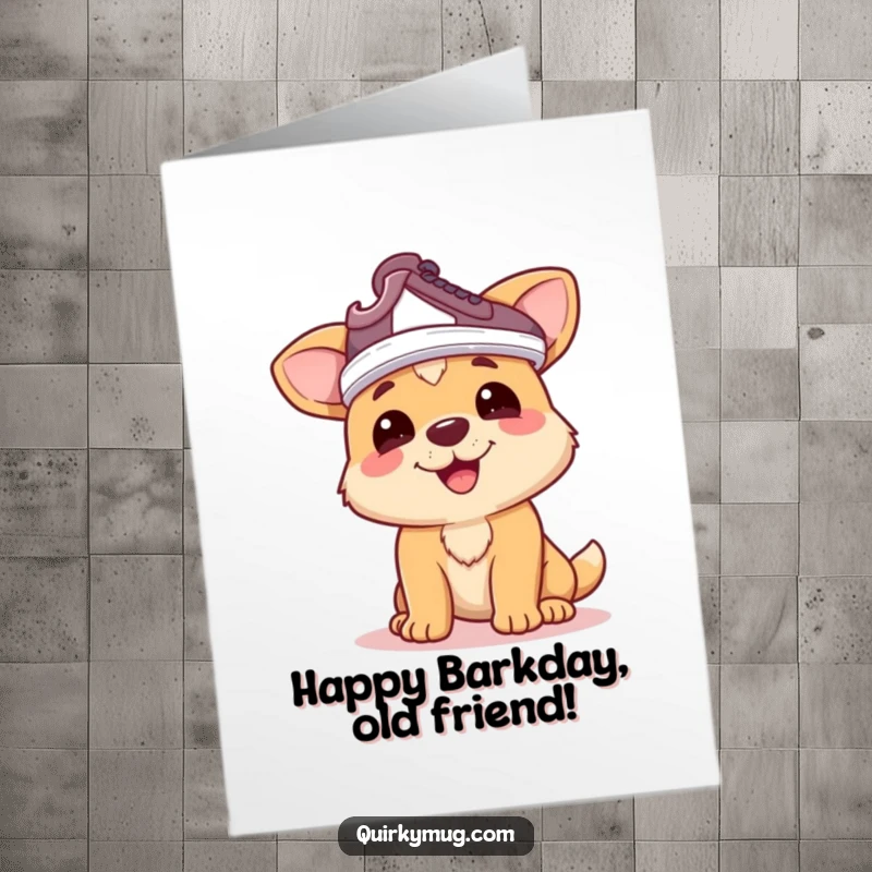 Funny Free Printable Birthday Card: Happy dog wearing a shoe on its head like a hat, looking proud.