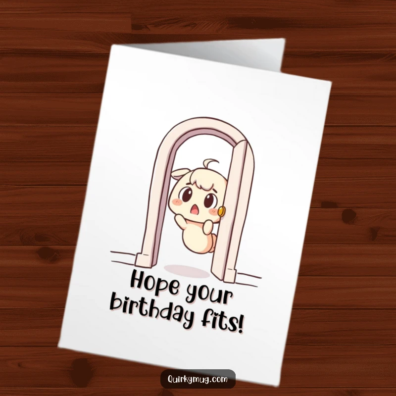 Funny Free Printable Birthday Card: A surprised character is comically wedged and stuck in a comically tiny doorway, causing laughter.