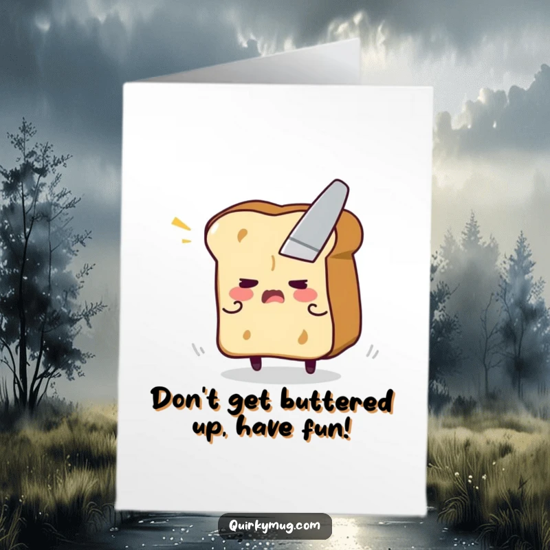Funny Free Printable Birthday Card: A flustered piece of toast comically attempts to flee a butter knife, a humorous wish.