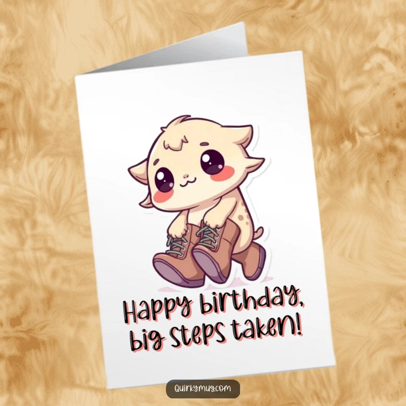 Funny Free Printable Birthday Card: A little creature wearing comically oversized boots trips over its own feet with a surprised expression.