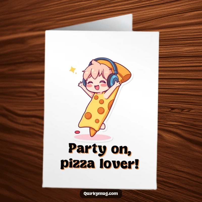 Funny Free Printable Birthday Card: A cute character with headphones, grooving happily on a giant pizza slice, celebrating with pure joy.